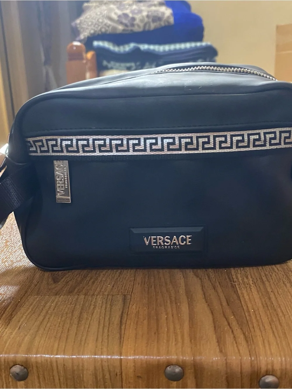 Versace Parfums Black Greek Key Toiletry Travel Cosmetic Bag Pouch